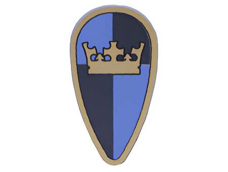 Щит Lego Minifigure, Shield Ovoid with Gold Crown on Dark Blue, Medium Blue Quarters Background Pattern 2586px14